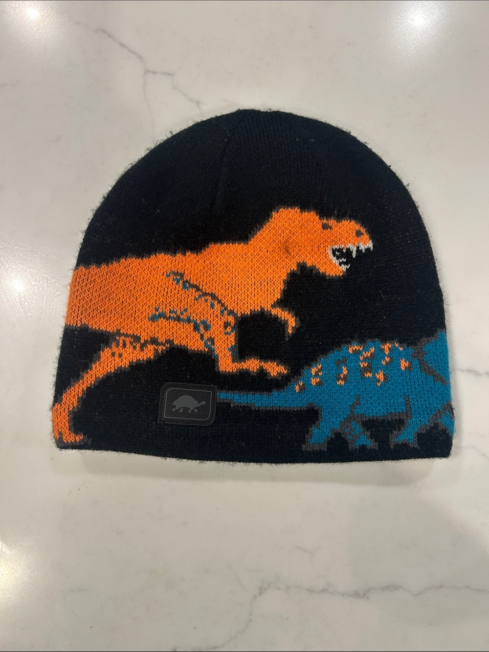 Turtle for Kids Black Beanie with Orange and Teal Dinosaur Design